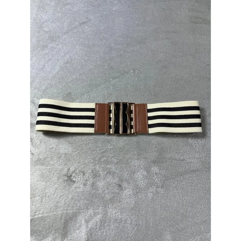Coastal Stretch Waist Cincher Belt Gold Buckle Striped Small Luxury Wedding